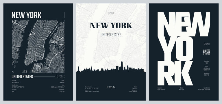 Set of travel posters with New York City, detailed urban street plan city map, Silhouette city skyline, vector artwork, set 2