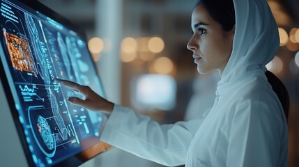 A woman in a lab coat interacts with a holographic display, analyzing data in a high-tech environment.