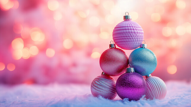 Magestic Christmas tree made of ball-shaped toys. Beautiful New Year celebration installation. Abstract Majestic holiday mockup.