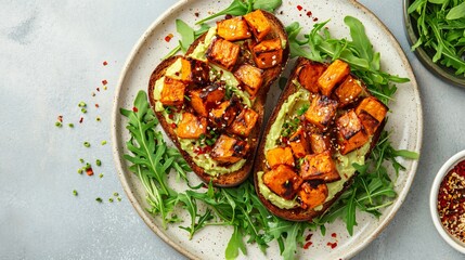 Spiced avocado toast with roasted sweet potatoes, arranged on a light stoneware plate, surrounded by arugula leaves, chili flakes, and a drizzle of tahini