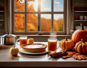 A cozy autumn kitchen with steaming mugs of spiced apple cider, cinnamon sticks, and a fresh pie
