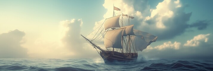 An impressive ship with billowing sails cutting through the ocean's waves set against a dramatic cloudy sky.