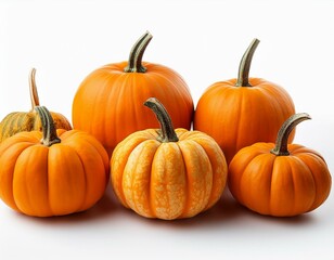 A collection of small, vibrant orange pumpkins, isolated on a white background