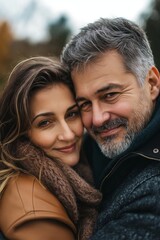 Fototapeta premium Smiling couple warmly embraces, wrapped in coats and scarves, showcasing love and companionship outdoors.