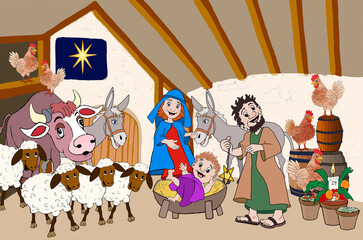 Naklejka premium Newborn baby Jesus in the stable with Josef, Mary and animals