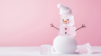 A cute little snowman made from ice as symbols of winter holidays. New year celebration. Christmas celebration concept.
