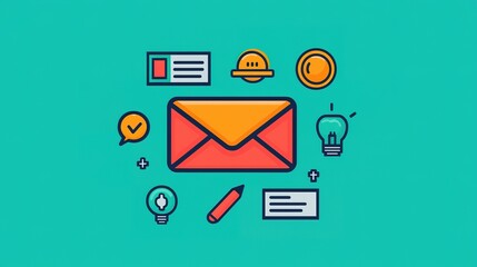A colorful illustration of an envelope surrounded by icons representing communication, ideas, and notifications.