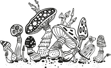 Magic mushrooms of various shape, black and white sketchPrint