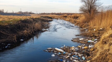 Obraz premium Plastic Pollution Accumulating in a Rural Stream