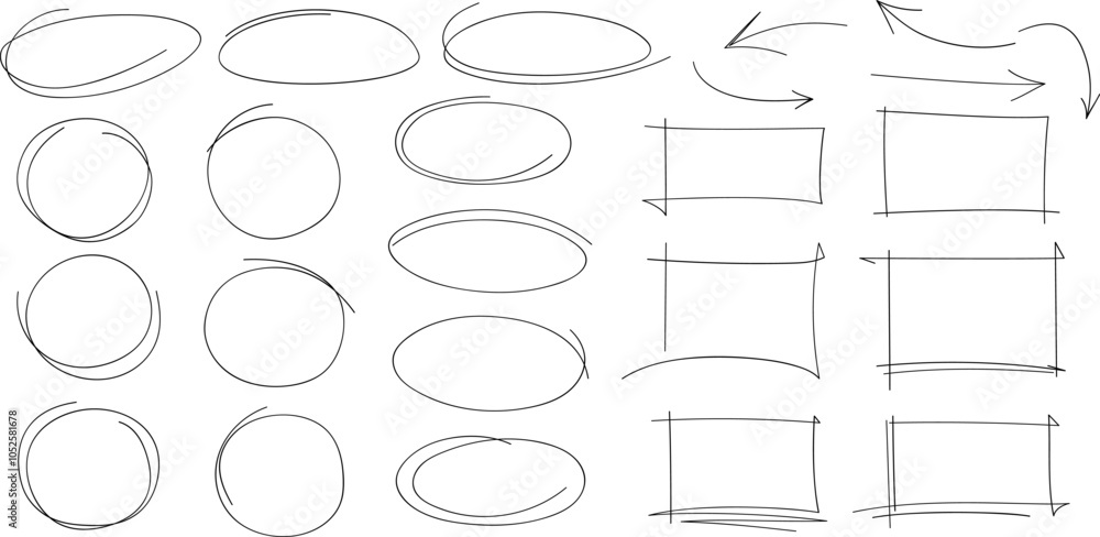 Poster Set of doodle handdrawn highlight, arrows, text underline strokes and marks. Collection of sketch elements of circles, ellipses, rectangles, squares, ovals, marks. Brush doodle shape for message notes