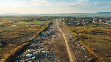 Naklejka premium Aerial View of a Dirt Road Running Through a Large Landfill