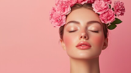 A serene woman with closed eyes and a floral crown, set against a soft pink background, exudes beauty and tranquility.