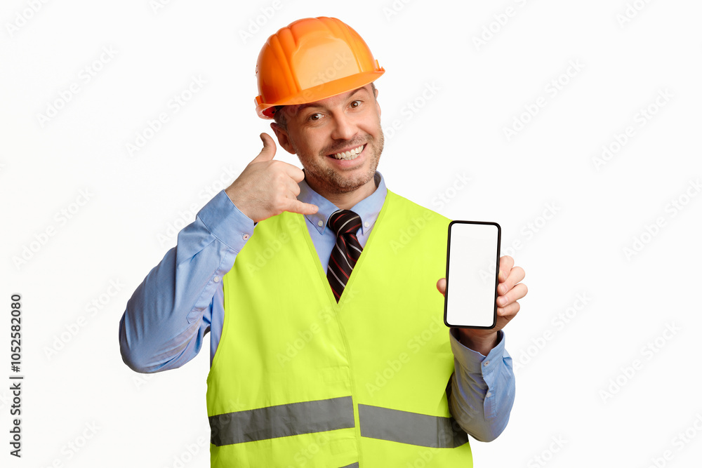 Poster call me. builder workman showing cellphone blank screen gesturing recommending building and repair s