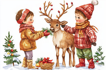 Fototapeta premium A charming winter scene featuring two children in cozy attire, interacting with a reindeer amidst Christmas decorations and snow.
