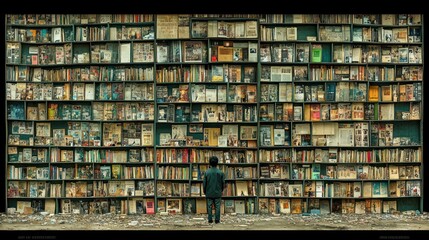 A man stands in front of a large wall of bookshelves filled with books and magazines.