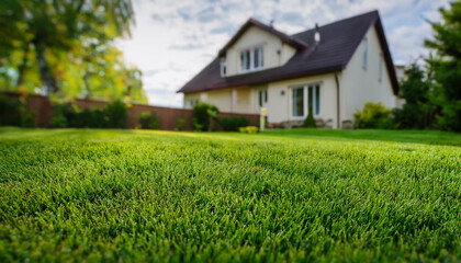 Close-up of green lawn with blurred house in the background. Backyard landscaping.