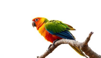 Obraz premium Bright parrot on tree branch against white background. Exotic pet isolated with white highlights, png