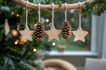 Wooden star and pinecone ornaments hanging on a tree branch, natural Christmas decoration