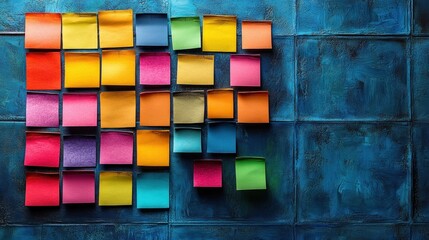 Brightly colored sticky notes create an engaging display against a blue background