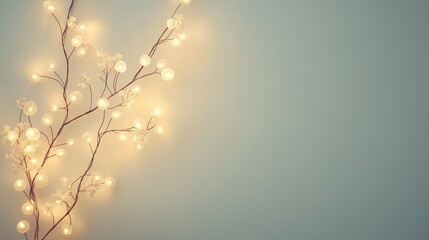 Softly lit decorative branch with glowing lights against pale background, minimalistic holiday decor