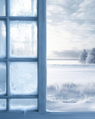 Snow-Covered Winter Landscape Seen from a Window in Snowy Blue, Icy Silver, and Crystal White