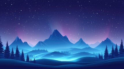 Fototapeta premium Illustrative winter night landscape with mountains, pine trees, and starry sky, mystical atmosphere