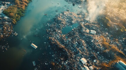 Fototapeta premium Aerial View of a River Polluted with Trash and Debris