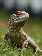 Fototapeta premium Lizard basking on green grass.