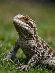 Fototapeta premium Lizard basking on green grass.