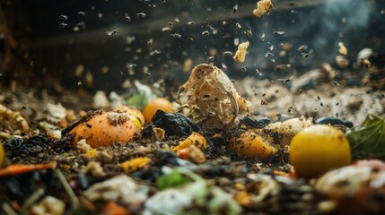 Fototapeta premium Flies Gathering Around Decomposing Organic Waste in a Compost Bin