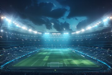 A futuristic football stadium with bright lights, captured in a 3D render at night, showing detailed architecture