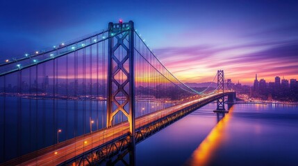 Fototapeta premium A stunning view of the Golden Gate Bridge at sunrise with the city skyline in the background.