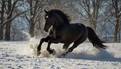 Male Friesian horse kicking up snow.