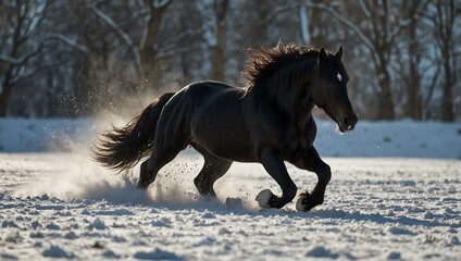 Male Friesian horse kicking up snow.