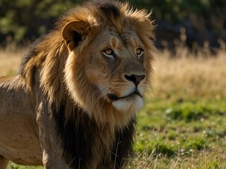 Male lion in a grassy field.