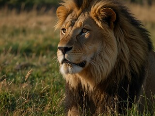 Fototapeta premium Male lion in a grassy field.