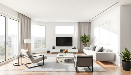Modern home living room interior with sofa, armchair and tv, panoramic window isolated with white highlights, png