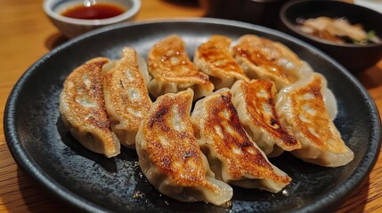 Fototapeta premium Delicious Pan-Fried Dumplings on a Black Plate