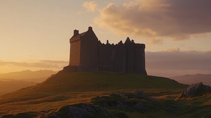 Obraz premium A historic stone castle sits on a hilltop overlooking a valley at sunset.