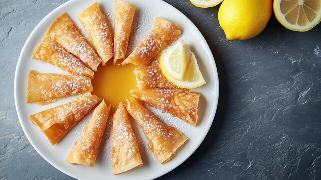 Faworki arranged in a circle on a white ceramic plate, with a drizzle of honey and lemon wedges, isolated on a gray stone background with a sprinkle of powdered sugar