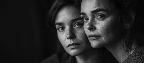 Fototapeta premium Black And White Portrait Of Young Woman With Her Mother On Dark Background