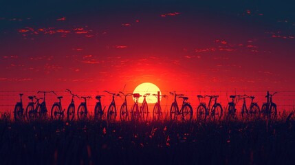 Naklejka premium A row of bicycles silhouetted against a fiery sunset.