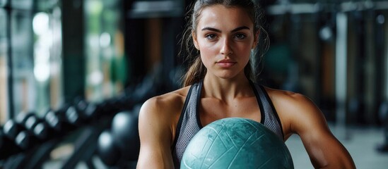 Naklejka premium Young Fit Woman In Sportswear Looking Confidently At Camera Holding Training Weight Ball In Gym
