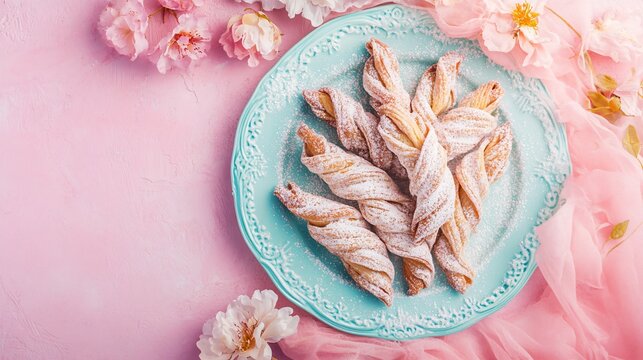 Faworki draped in powdered sugar, laid out on a blue vintage plate, with a soft pastel pink backdrop and decorative floral elements