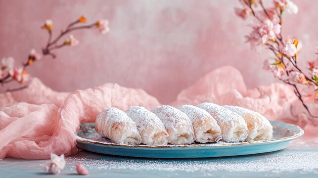 Faworki draped in powdered sugar, laid out on a blue vintage plate, with a soft pastel pink backdrop and decorative floral elements