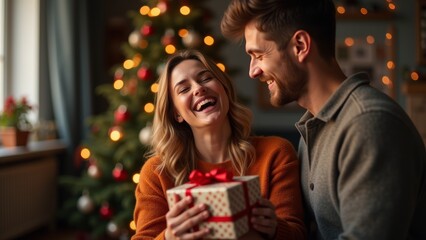 A joyful couple sharing a gift during a cozy holiday celebration in a warmly decorated living room with a Christmas tree