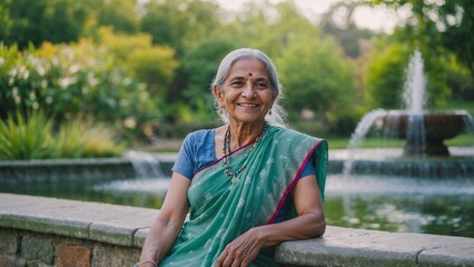 Elderly Indian woman in sari smiling by garden fountain