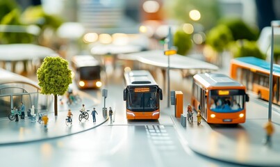 Miniature city scene with buses and people.