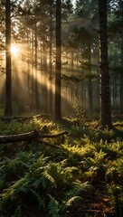 Obraz premium Misty forest clearing at golden hour with light beams.