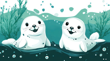 Obraz premium Adorable seal pups in underwater setting with bubbles and plants for marine conservation awareness. Flat illustration. Protection Pups Seal Day. Horizontal banner. Copy space